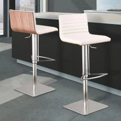 Cafe 31-41 in. White Faux Leather with Brushed Stainless Steel Finish and Walnut Veneer Back Adjustable Swivel Bar Stool by Armen Living